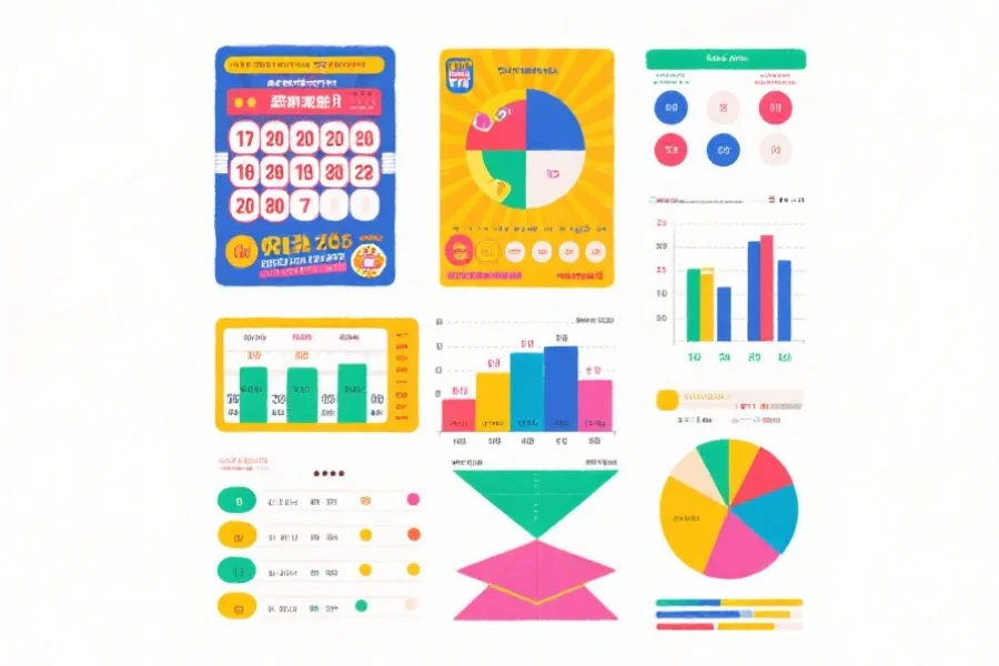 一张展示多种彩票号码统计图表和数据可视化的现代风格插画，色彩明快，信息丰富